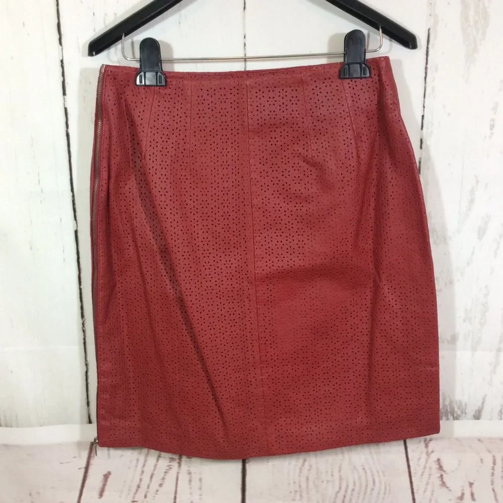 Vintage Bagatelle Red Leather Eyelet Pencil Skirt Side Zip‎ Lined Size 10